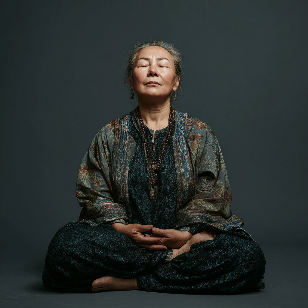 Группа взрослых людей казахской национальности различного возраста выполняет йогу на открытом воздухе, все улыбаются и выглядят расслабленными и здоровыми