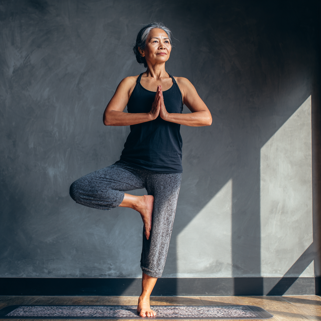 Зрелая женщина казахской национальности выполняет балансовую позу йоги на коврике в спокойной обстановке, демонстрируя концентрацию и внутреннюю гармонию